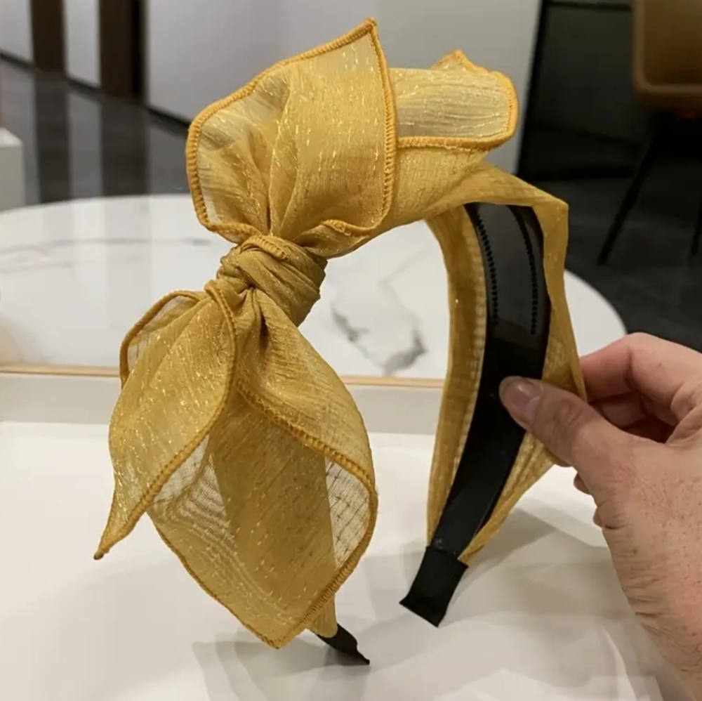 Elegant Mesh Bow Headbands, Solid Colors -  2 Hairbands - Gold, Black